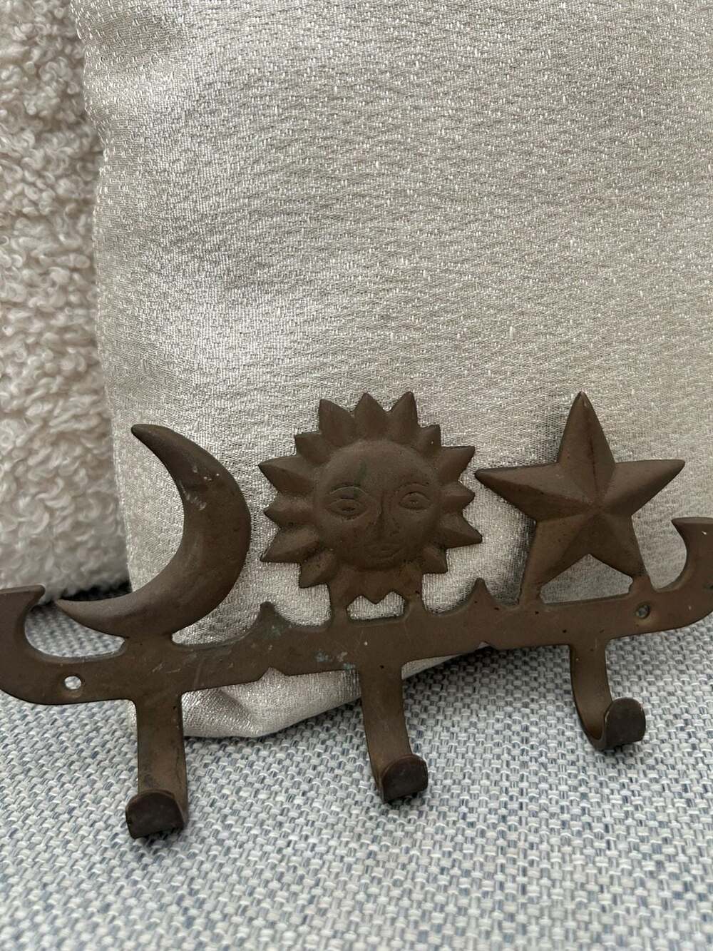 Vintage Brass Celestial Sun Moon and Star Wall Hook Hanger